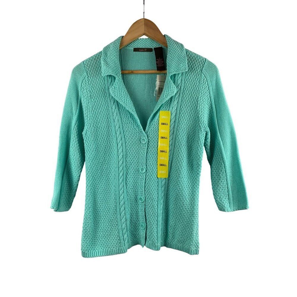 Heather B Womens Small Aqua Cable Knit Cardigan Sweater